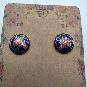 Vintage Cloisonné Flower Stud Earrings Round Blue Pink Enamel